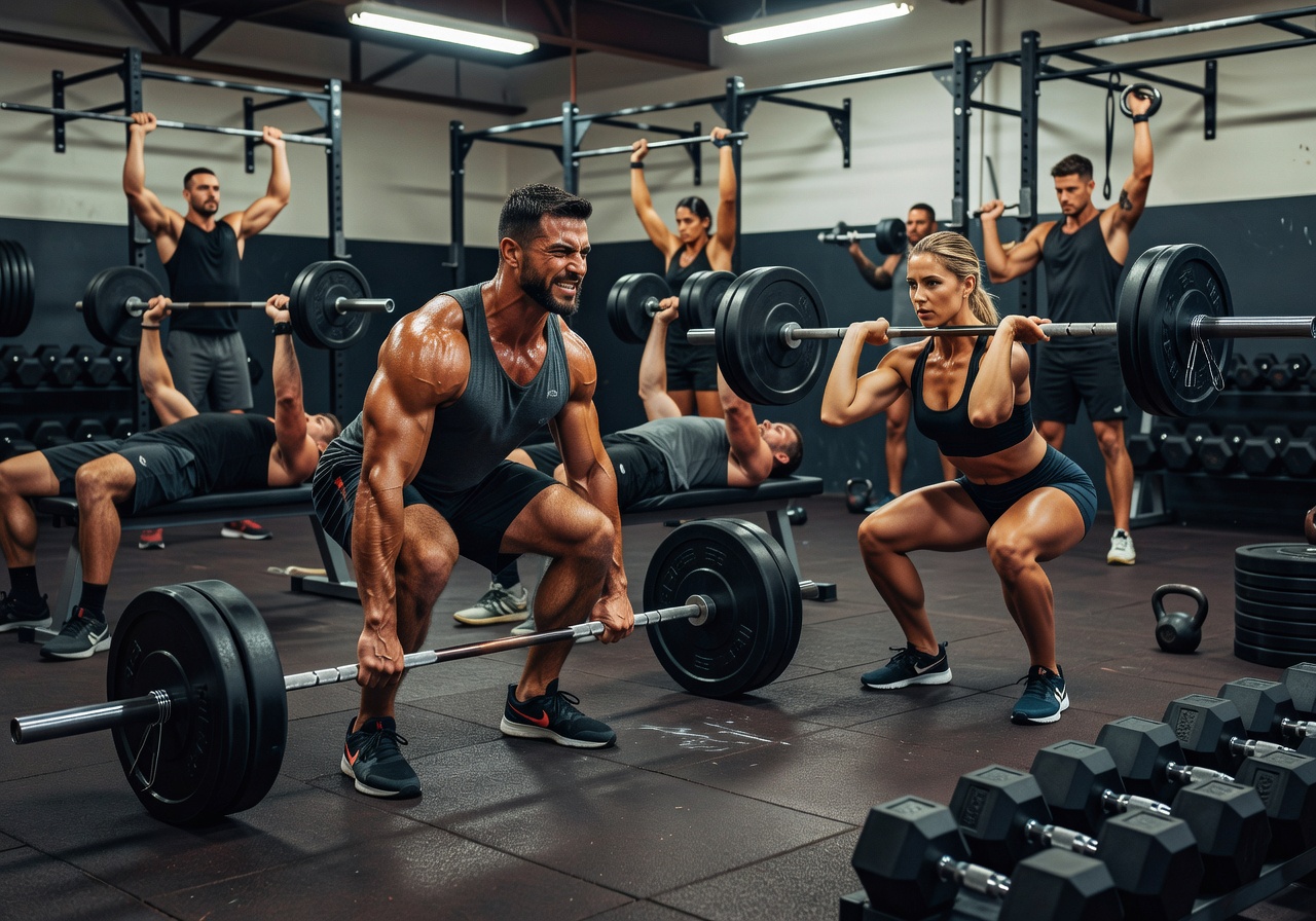 Athletes lifting weights in strength conditioning room