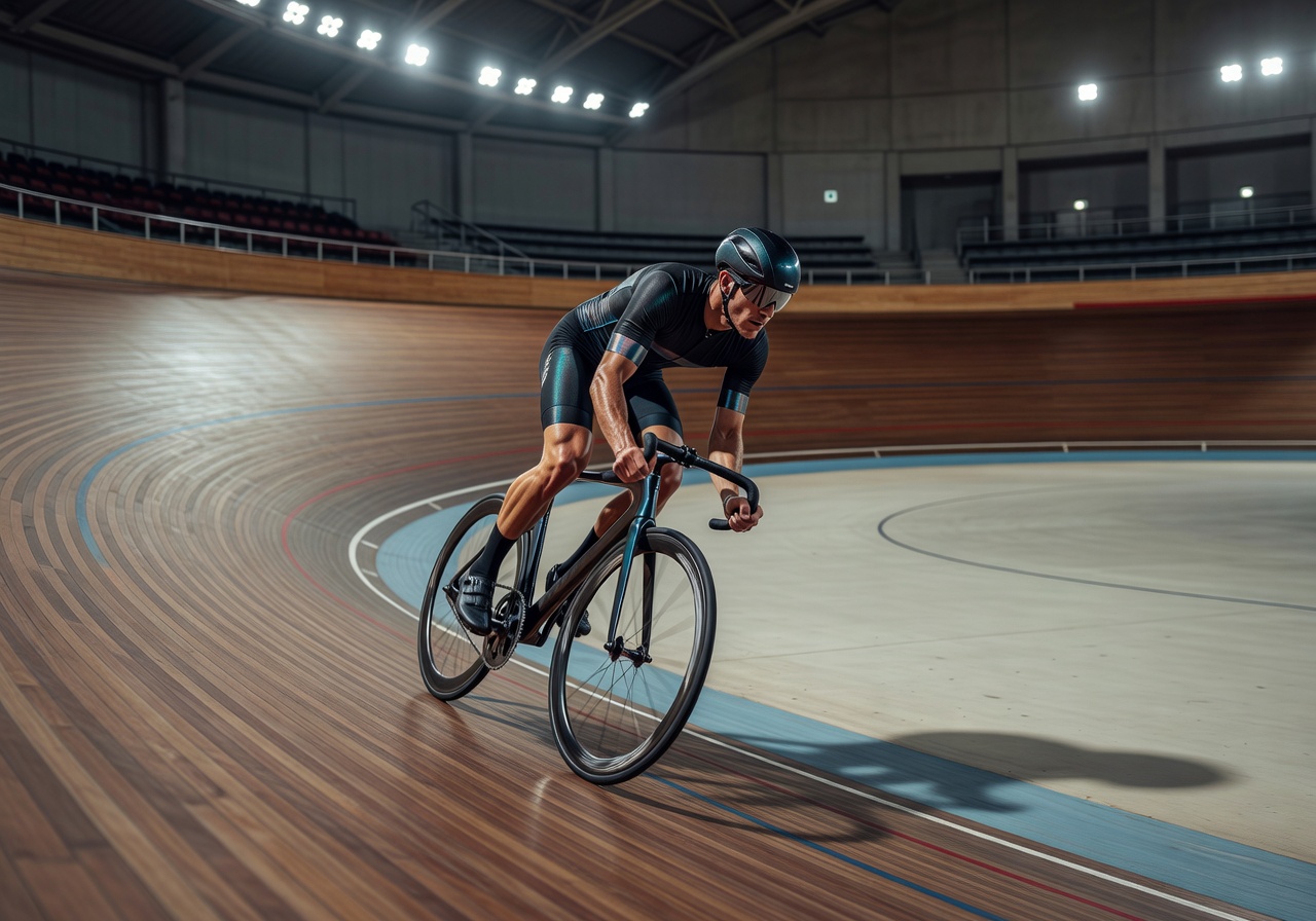 Cyclist riding on indoor velodrome track