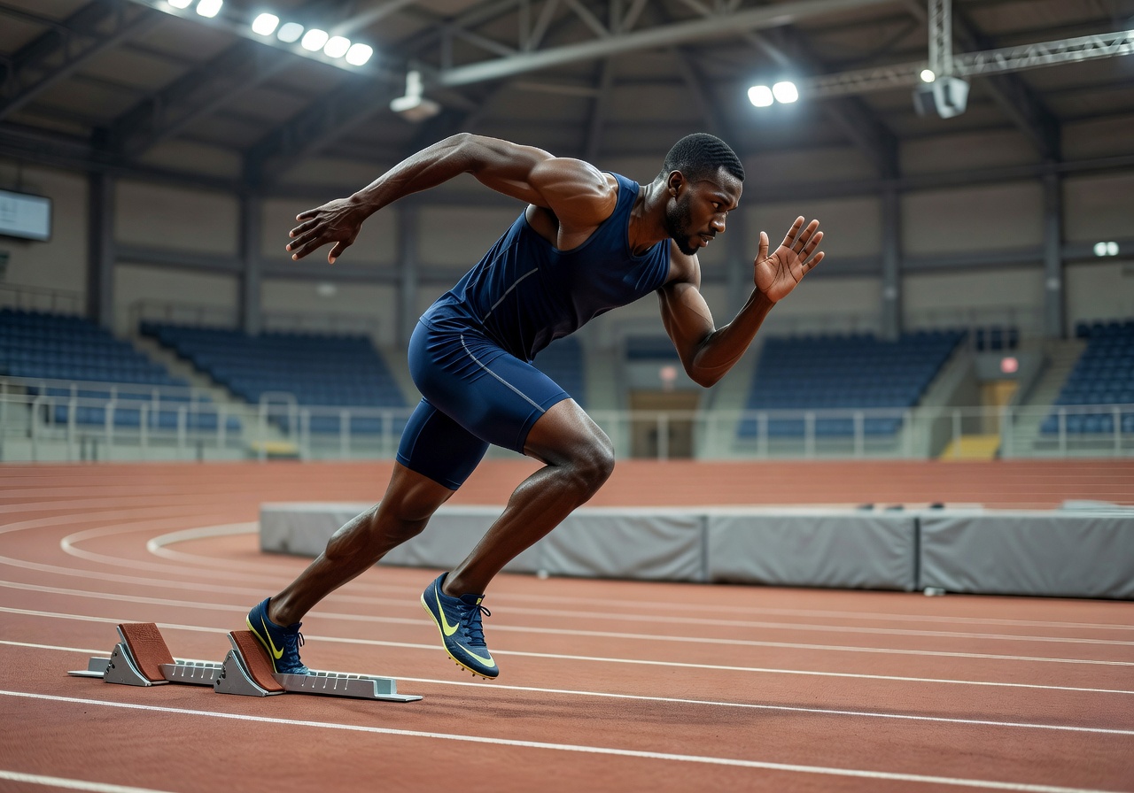 Sprinter starting on indoor synthetic track